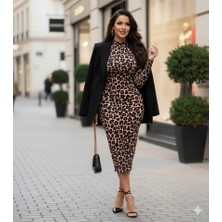 Kendim Fashion Kadın Uzun Kollu Balıkçı Yaka Leopar Desenli Midi Boy Elbise