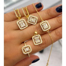 Yantra Silver Ithal Lüks 925 Ayar Gümüş Altın Kaplama Baget Taşlı 4’lü Takı Seti (Kolye Küpe Yüzük Bileklik)