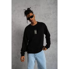 Kendim Fashion Unisex Bisiklet Yaka Baskılı Oversize Sweatshirt - Siyah