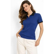 Kendim Fashion Polo Yaka Çizgili Tişört Kısa Kol Düğmeli Yazlık T-Shirt - Saks Mavisi