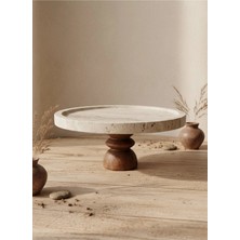 Faralya Home Doğal Traverten Mermer 25X2 cm Chintika Ahşap Ayaklı Sunumluk Kek Standı Sunum Tabağı