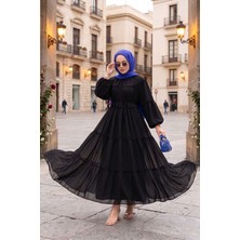 EFL Büzgü Detaylı Kat Kat Elbise Siyah