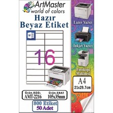 ArtMaster A4 Hazır Beyaz Etiket 105X35 mm 50 Sayfa 1 Paket 16 Lı Kendinden Yapışkanlı Fotokopi Lazer Inkjet Kağıdı Yazıcılar Için