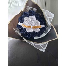 El Yapımı Saten Kurdele Gül Buketi - Canım Annem Yazılı (Lacivert-Beyaz)