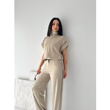 Win Moda Kadın Modal Kumaş Biyeli Fermuarlı Yelek Takım Bol Paça Modern Ikili Takım Günlük Şık Rahat Kombin