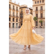 EFL Büzgü Detaylı Kat Kat Elbise Sarı