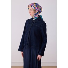 Belli Lacivert Çok Renkli Çiçek Desen %100 Twill Ipek Eşarp 4312-36