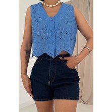 Kendim Fashion Mavi Sıfır Kol Brode Bluz