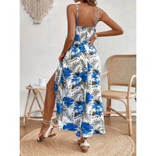 Kendim Fashion Kadın Ip Askılı V Yakalı Bel Güpür Çiçek Desenli Yandan Yırtmaçlı Maksi Süprem Elbise