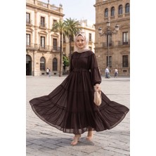 EFL Büzgü Detaylı Kat Kat Elbise Kahve