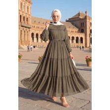 EFL Büzgü Detaylı Kat Kat Elbise Haki