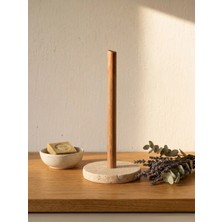 Faralya Home Doğal Traverten Mermer ve Ahşap Saplı Kağıt Havluluk - Modern Mutfak Düzenleyici (14 cm x 24 Cm)