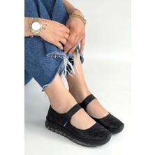 Flamex Sina Siyah Deri Cırt Cırtlı Babet Ayakkabı