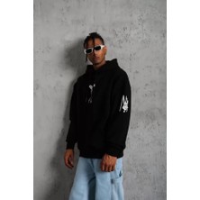 Kendim Fashion Unisex Sırt Baskılı Kapüşonlu Üç Iplik Oversize Sweatshirt - Siyah