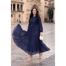 EFL Büzgü Detaylı Kat Kat Elbise Lacivert