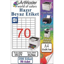 ArtMaster A4 Hazır Beyaz Etiket 40X20 mm 50 Sayfa 1 Paket 70 Li Kendinden Yapışkanlı Fotokopi Lazer Inkjet Kağıdı Yazıcılar Için