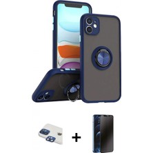 Marsilyan™- iPhone 11 Kılıf Yörünge Çizgi - Siyah 3D Antistatik Hayalet Cam Ekran Koruyucu + Lacivert Pers Alüminyum Kamera Lens