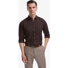Cacharel Erkek Koyu Kahverengi Regular Fit Yakası Düğmeli %100 Keten Gömlek 50319198-VR084