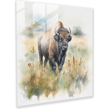 Popcasso Buffalo Temalı Temperli Cam Tablo - Yumuşak Pastel Renklerde Suluboya Tasarımlı Duvar Dekoru