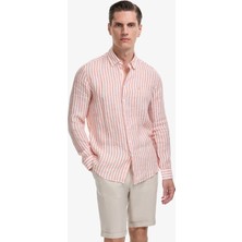 Cacharel Erkek Turuncu Slim Fit %100 Keten Yakası Düğmeli Çizgili Gömlek 50326114-VR051