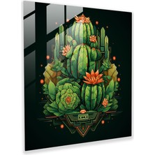 Popcasso Geometrik Kaktüs Temperli Cam Tablo - Modern Sanat Teması Detaylı Geometrik Figürler
