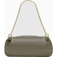 Yuzefi Oyster Taupe Pebble %100 Deri Lüks Italyan, Gold Detaylı Clutch ve Omuz Çantası