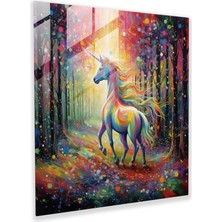 Popcasso Gökkuşağılı Unicorn Temalı Temperli Cam Tablo - Büyülü Orman Manzarası ile Parıltılı Duvar Dekoru