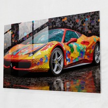 Popcasso Renkli Arabalı Mozaik Sanat Temperli Cam Tablo - Ferrari Teması ile Modern Duvar Dekorasyonu