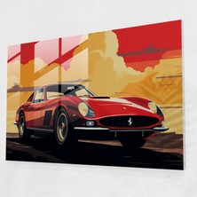 Popcasso Retro Ferrari Tasarımı Cam Tablo - Ferrari Temalı Dekoratif Cam Duvar Tablosu
