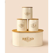 Leylart Bambu Kapaklı Krem Metal Ekmeklik & Kavanoz Seti – Modern Mutfak Düzeni Krem