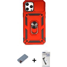 Marsilyan™- iPhone 12 Pro Max Kılıf Ahenk Klasik - Şeffaf Uv Polymer Nano Ekran Koruyucu + Kırmızı Metal Kamera Lens Koruma Cam