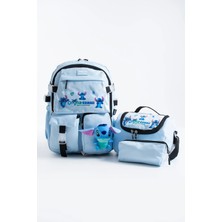 Kingston Hill Stitch Kawaii Kore Tarzı Çok Bölmeli Ilkokul Çantası 3 Lü Set (Çanta + Termal Beslenme + Kalemlik)