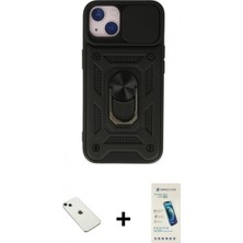 Marsilyan™- iPhone 14 Kılıf Ahenk Klasik - Şeffaf Pasifik Cam Ekran Koruyucu + Yeşil Diamond Kamera Lens