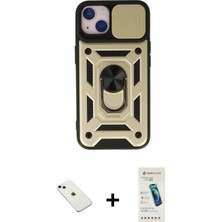 Marsilyan™- iPhone 14 Kılıf Ahenk Klasik - Şeffaf Pasifik Cam Ekran Koruyucu + Yeşil Diamond Kamera Lens