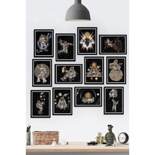 Tontilika 12 Parça Çerçeve Görünümlü Astronot ve Uzay Galaksi Temalı Mdf Tablo Seti (80X80 Cm)