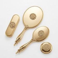 Ceyyiz Saraylı Çelenk Modeli Gold Ayna Fırça Seti 4'lü - Lüks Taşlı Gelin Bohçası Takımı