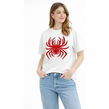 Tarz Yeri Kadın Örümcek Baskılı Tişört Kısa Kollu Bisiklet Yaka T-Shirt - Beyaz