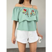 Moda Morfo Gül Nakışlı Güpürlü Ip Askılı Tişort -Mint