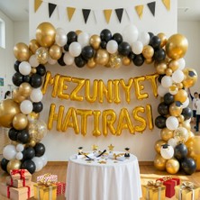 Tedaks Mezuniyet Temalı Mezuniyet Hatırası Gold Folyo Harf Beyaz Siyah Gold Balon Süsleme