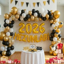 Tedaks 2026 Mezunları Gold Folyo Harf Beyaz Siyah Gold Balon Mezuniyet Temalı Süsleme