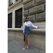 Mavi Asimetrik Gizli Düğmeli Etek