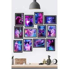 Tontilika 12 Parça Çerçeve Neon Görünümlü Kediler Temalı Mdf Tablo Seti (80X80 Cm)