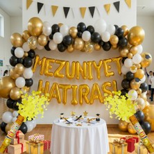 Tedaks 2 Adet Gold Konfeti Hediyeli Mezuniyet Hatırası Gold Folyo Harf Beyaz Siyah Gold Balon Süsleme