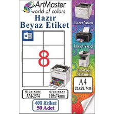 ArtMaster A4 Hazır Beyaz Etiket 105X74 mm 50 Sayfa 1 Paket 8 Li Kendinden Yapışkanlı Fotokopi Lazer Inkjet Kağıdı Yazıcılar Için