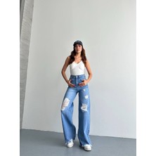 Aida Fashion Çift Diz Yırtık Wide Leg Jeans