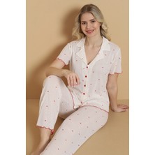 Wordex Mrn 1712 Minik Kalp Desenli Pointel Ince Kumaş Düğmeli Kısa Kollu Kadın Pijama Takımı