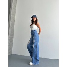 Aida Fashion Çift Diz Yırtık Wide Leg Jeans