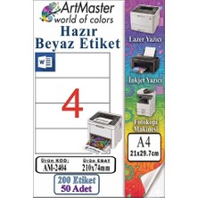 ArtMaster A4 Hazır Beyaz Etiket 210X74.25MM 50 Sayfa 1 Paket 4 Lü Kendinden Yapışkanlı Fotokopi Lazer Inkjet Kağıdı Yazıcılar Için