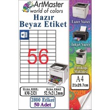 ArtMaster A4 Hazır Beyaz Etiket 52.5X21.2MM 50 Sayfa 1 Paket 56 Lı Kendinden Yapışkanlı Fotokopi Lazer Inkjet Kağıdı Yazıcılar