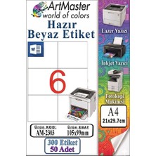 ArtMaster A4 Hazır Beyaz Etiket 105X99 mm 50 Sayfa 1 Paket 6 Lı Kendinden Yapışkanlı Fotokopi Lazer Inkjet Kağıdı Yazıcılar Için